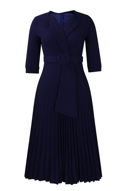 Pleated A-Line Blazer Midi Dress with Belt