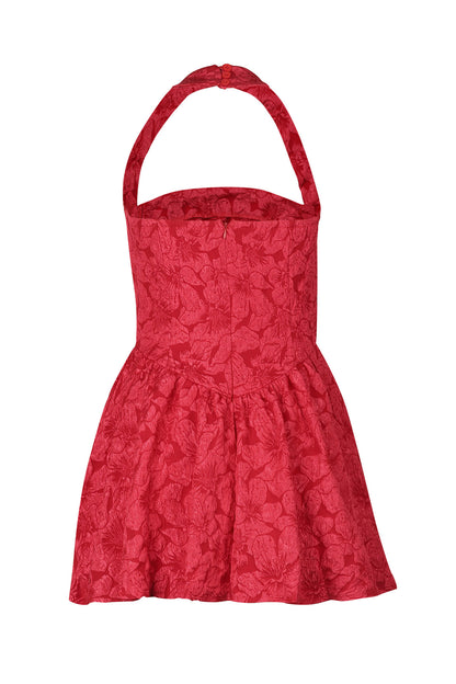 Halter Jacquard Floral Embroidery Ruffle Dress