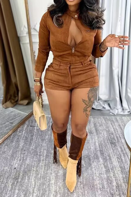 Long Sleeve Stretch Suede Shorts Set