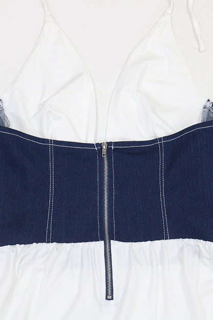 Slim Fit Denim Patchwork Deep V Slit Dress