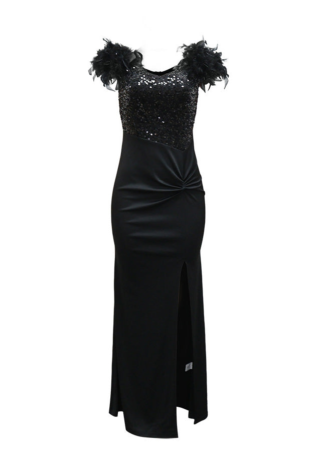 Sequin Feather Trim Slit Maxi Dress