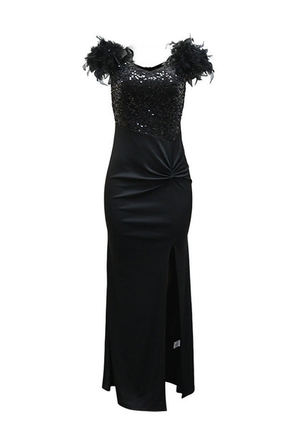 Sequin Feather Trim Slit Maxi Dress