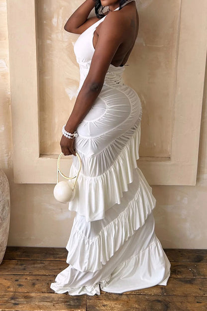 Plunging Halter Ruched Tiered Ruffle Maxi Dress