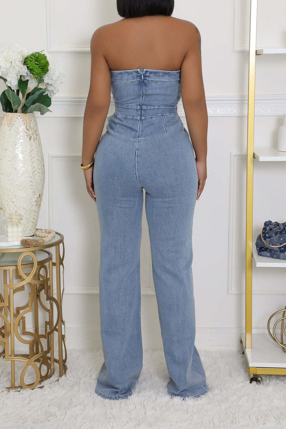Strapless Slim Fit Washed Denim Jumpsuit