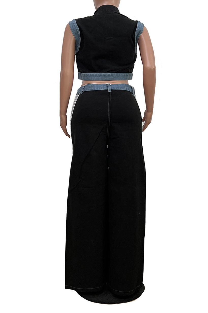 Striped Cropped Top Denim Pant Sets