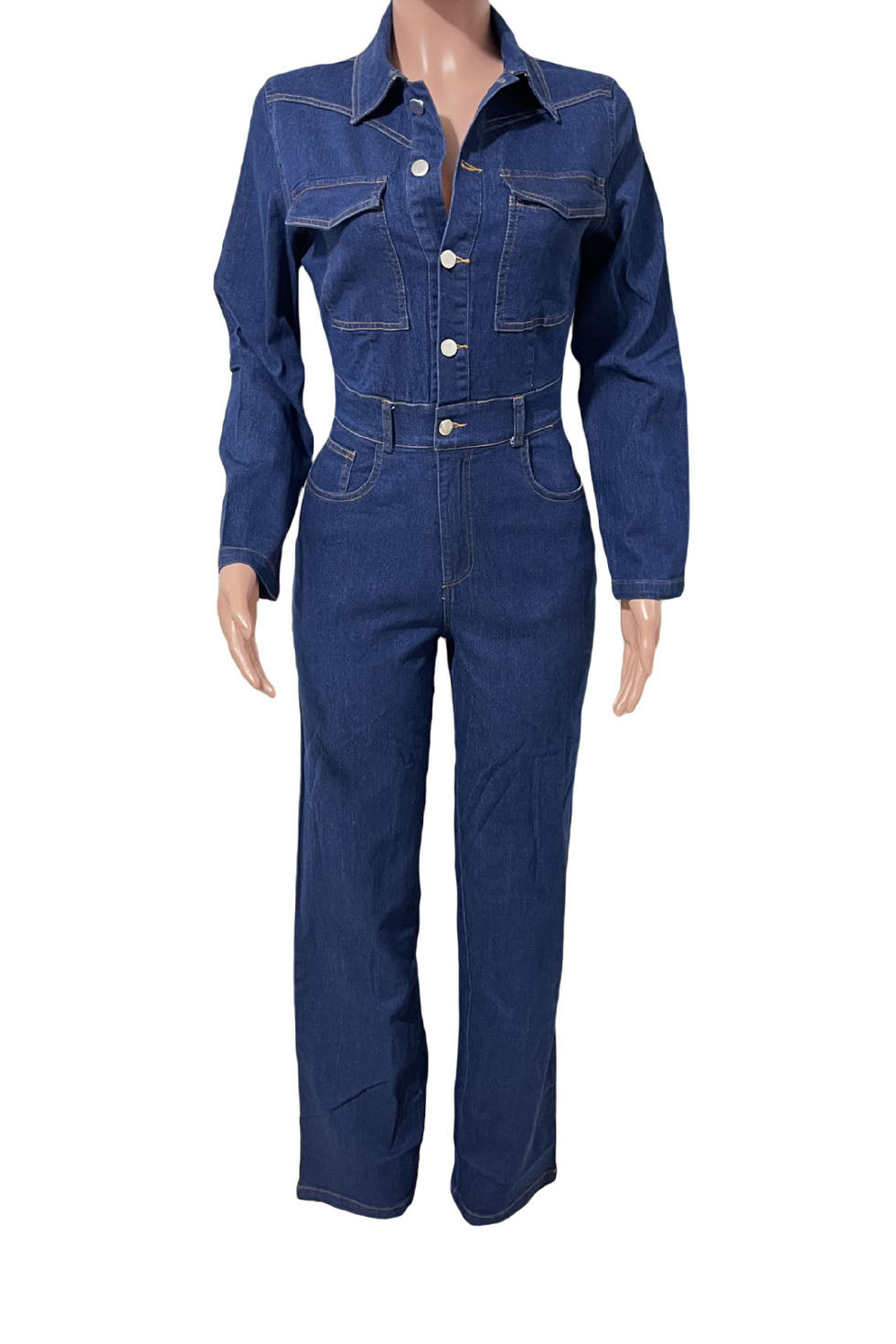 Stretch Flare Leg Long Sleeve Denim Jumpsuit