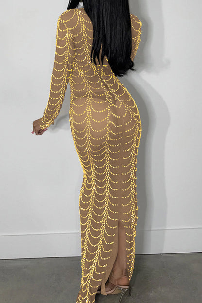 Rhinestone Long-Sleeve Sheer Maxi Dress