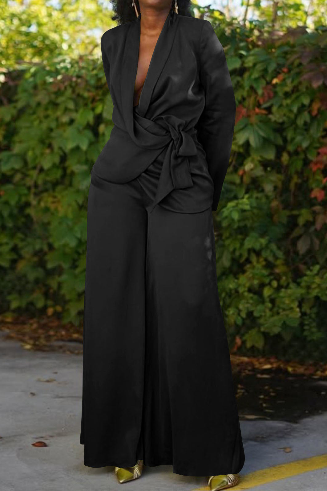 Plunging Wrap Tie Top & Wide Leg Pant Set