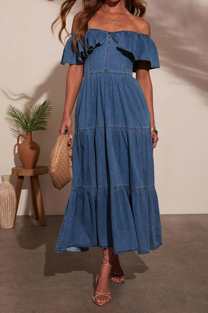 Off Shoulder Ruffle Tiered Denim Dress