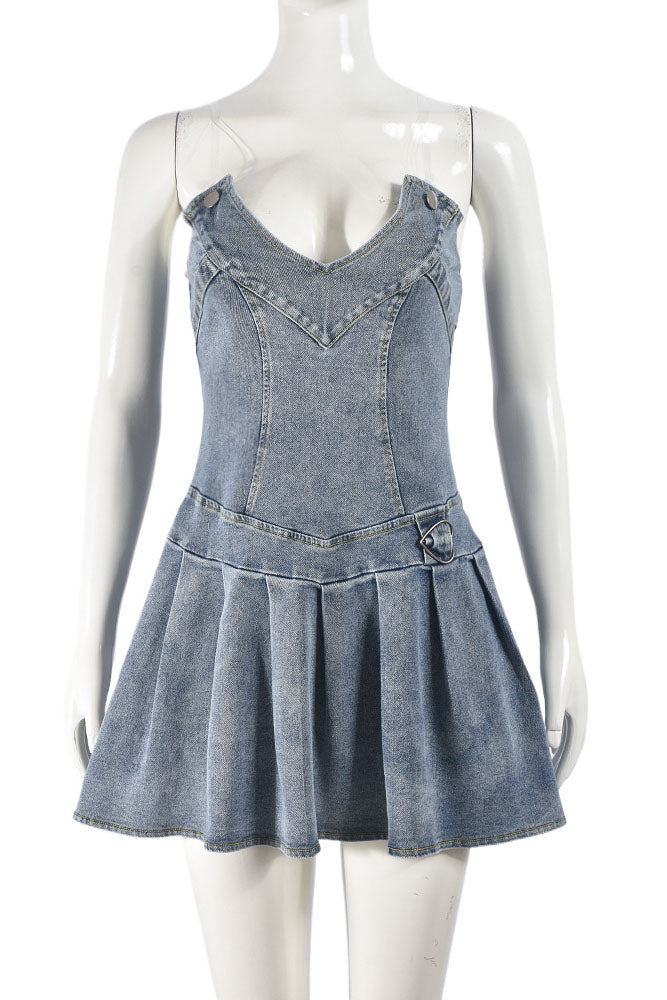 V Neck Pleated Denim Dress