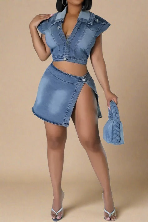 Turndown Collar High Split Denim Skirt Set