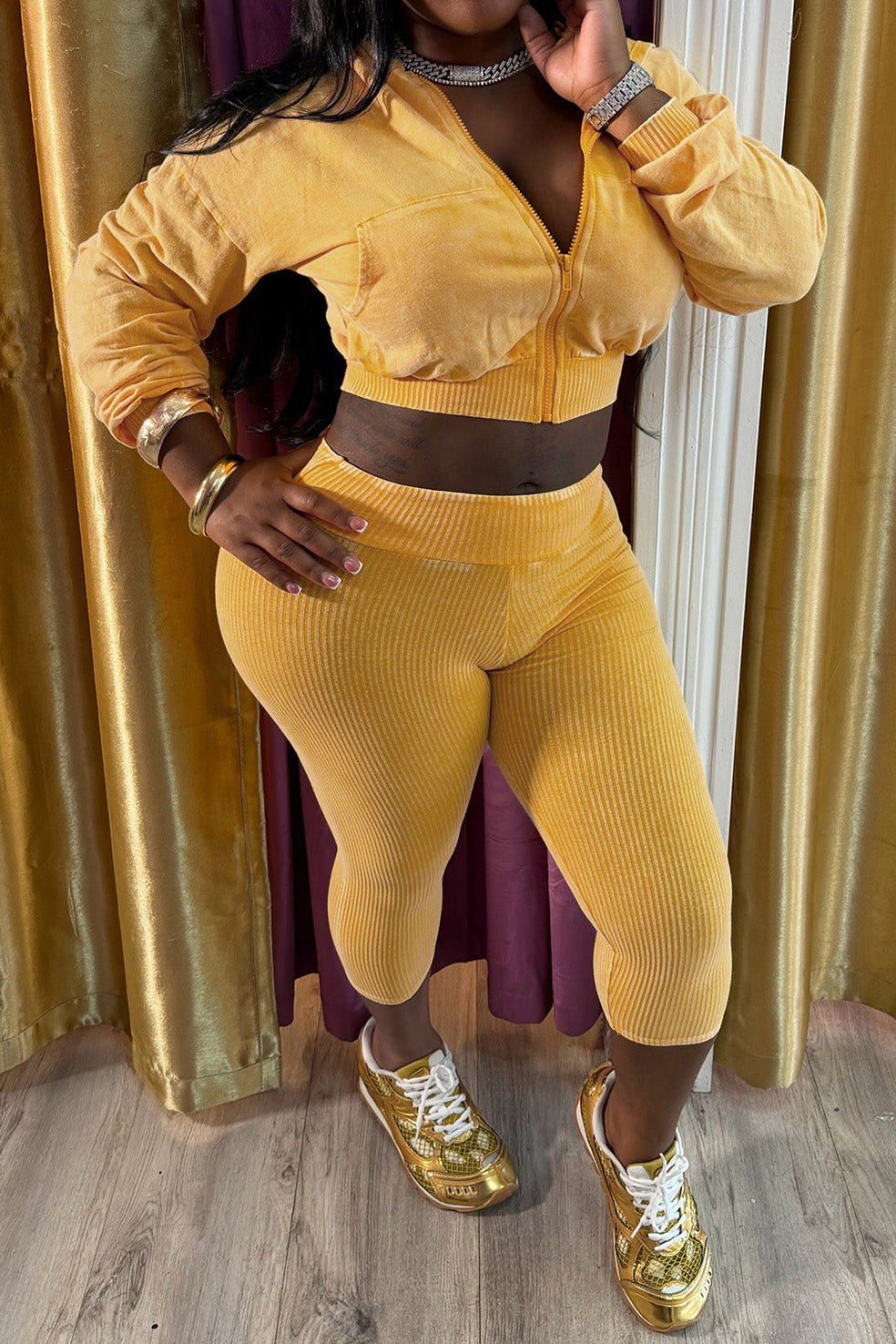 Washed Hoodie & Ribbed Capri Leggings Set
