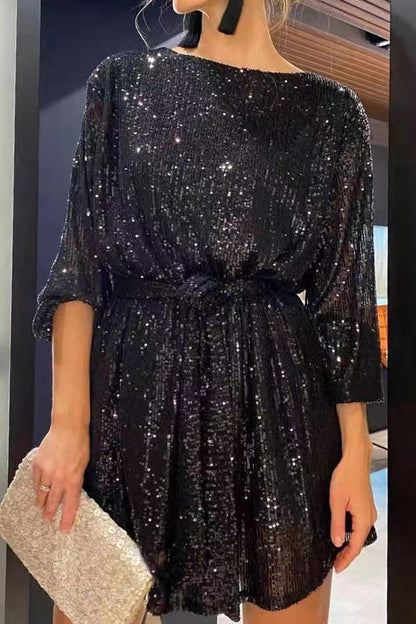 Sequin Tie Waist Long Sleeve Mini Dress