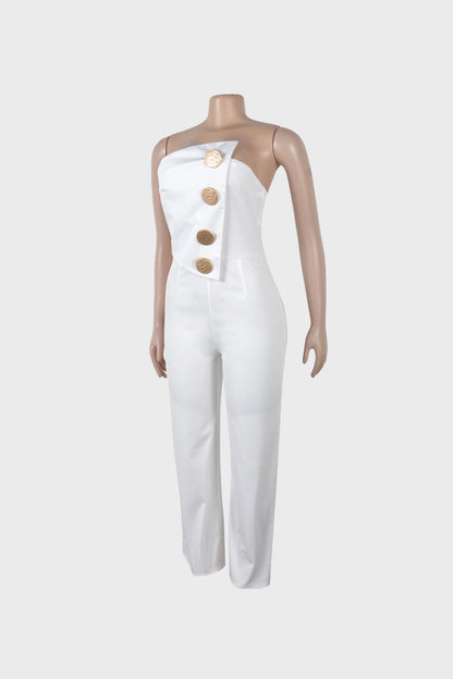 Off Shoulder Button Strapless Irregular Jumpsuits
