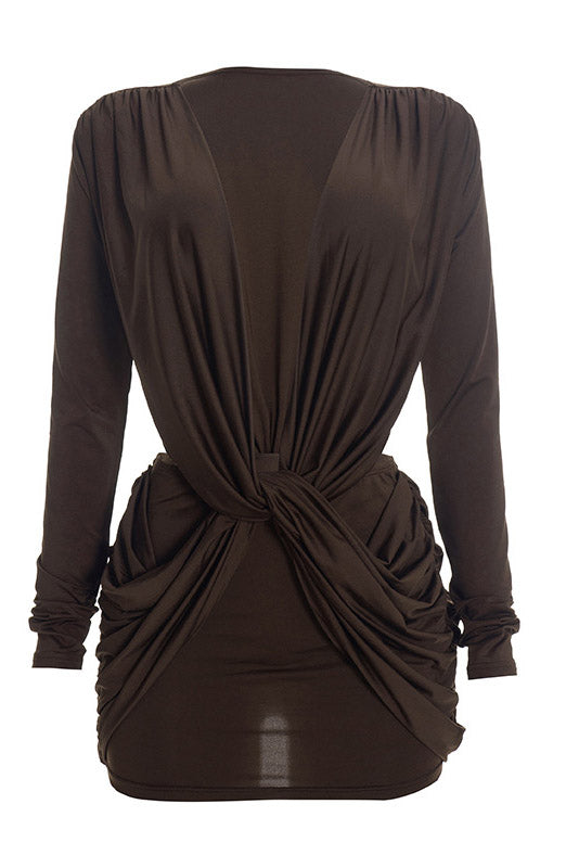 Twist-Front Cutout Long-Sleeve Mini Dress
