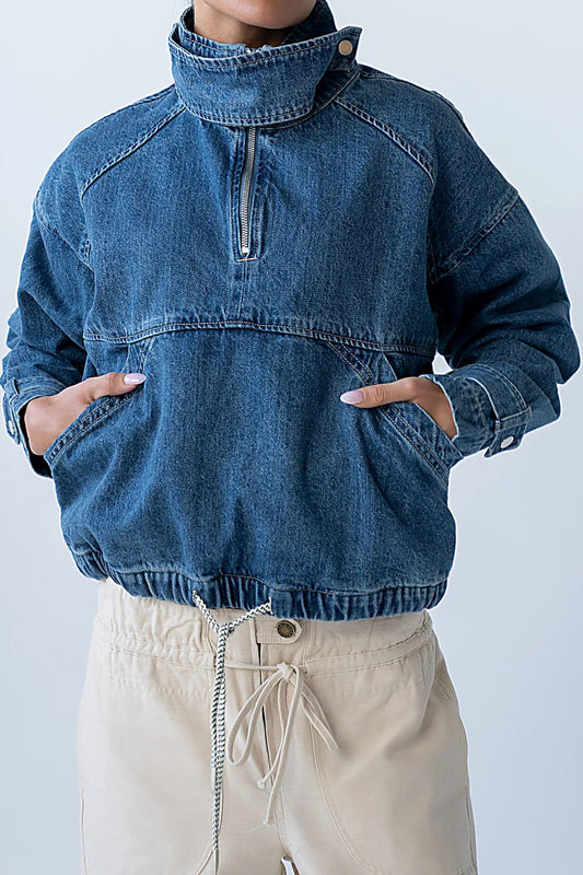 High-Collar Half-Zip Denim Pullover Jacket