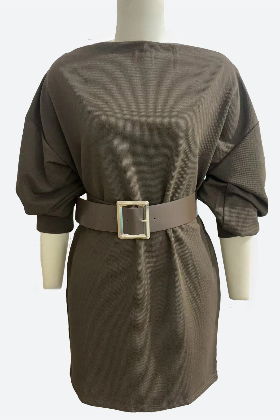 Lantern Sleeve Belted Knit Mini Dress