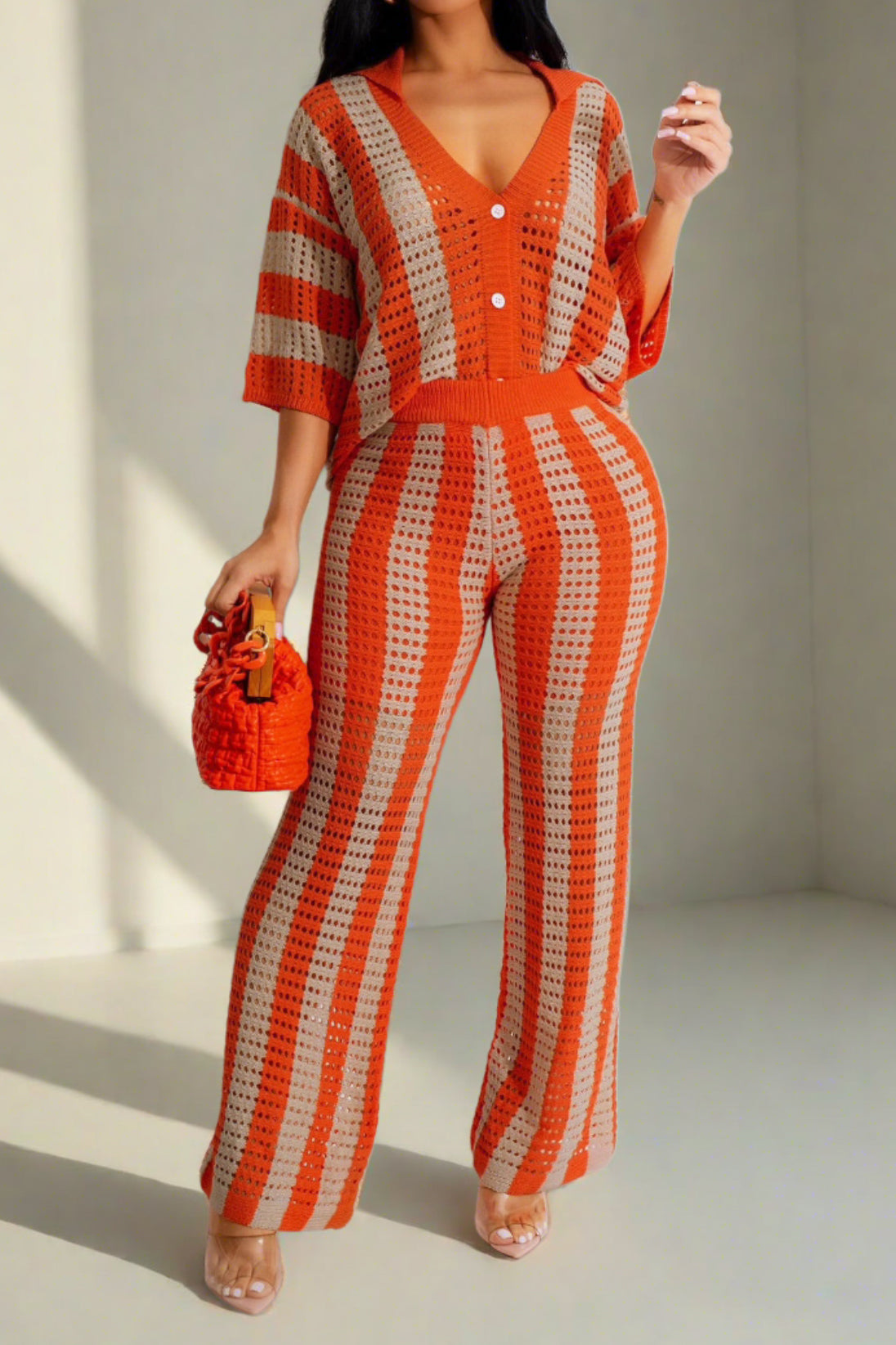 V-Neck Knit Pants Set