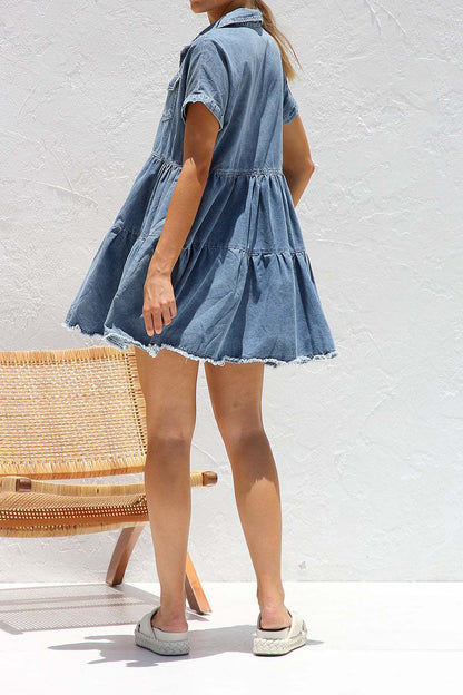 Raw Hem Short Sleeve Denim Dress