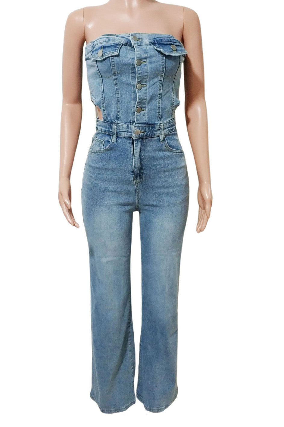 Strapless Slim Top Wide-Leg Denim Jumpsuit