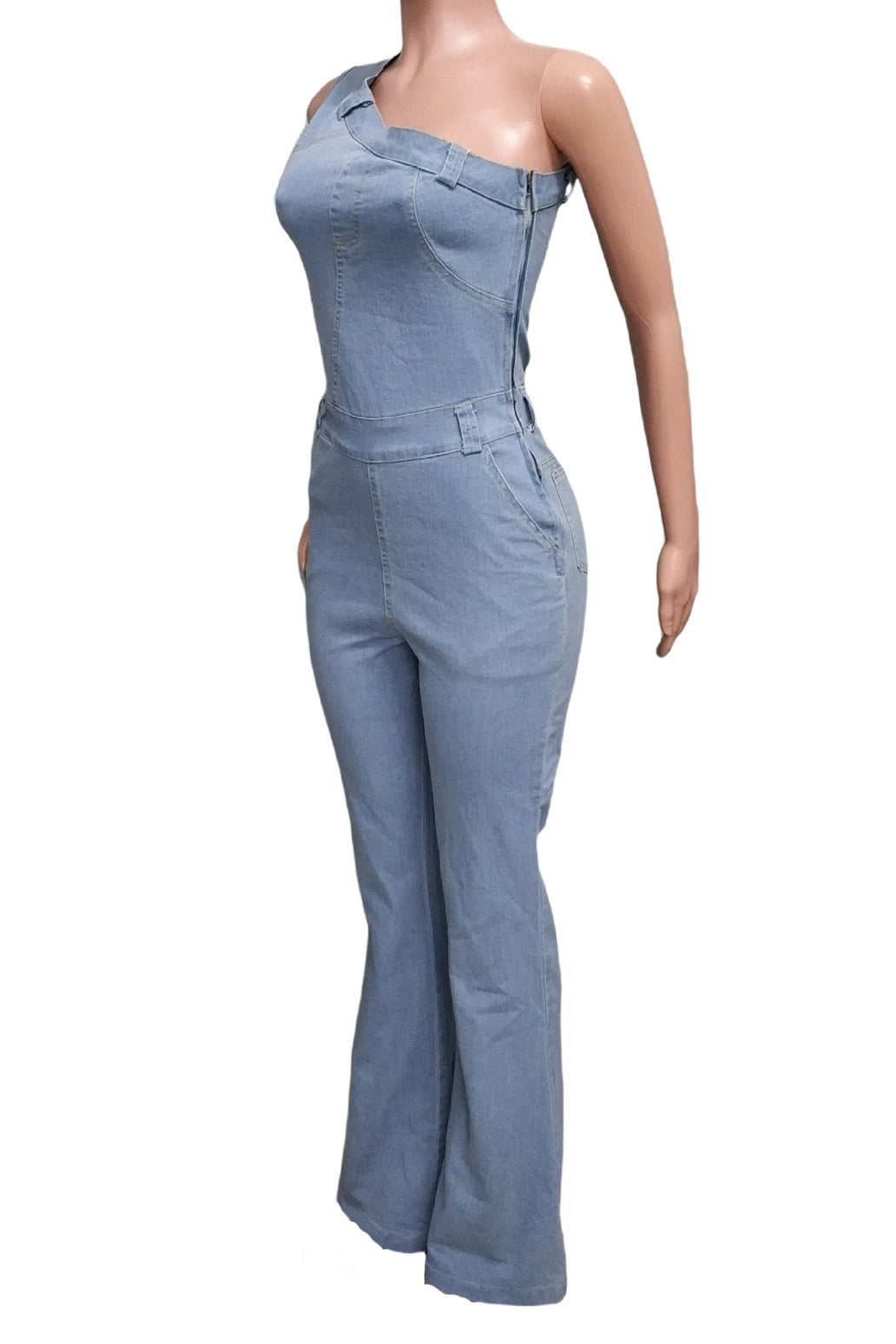One Shoulder Denim Jumpsuit
