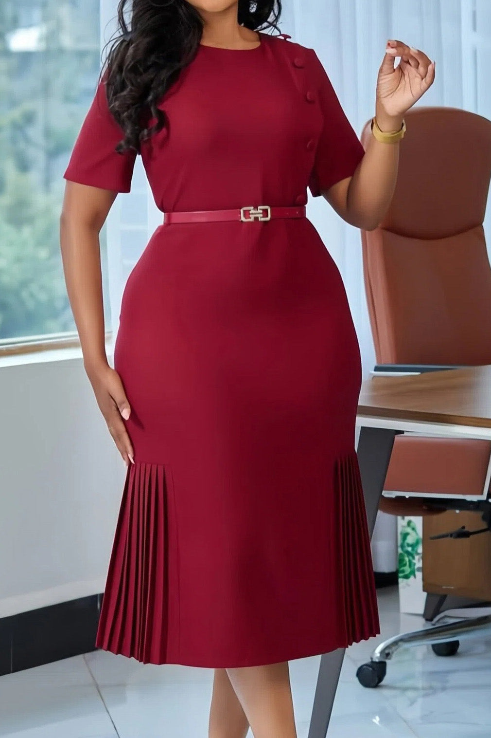 Pleated Drop Hem Midi Dress