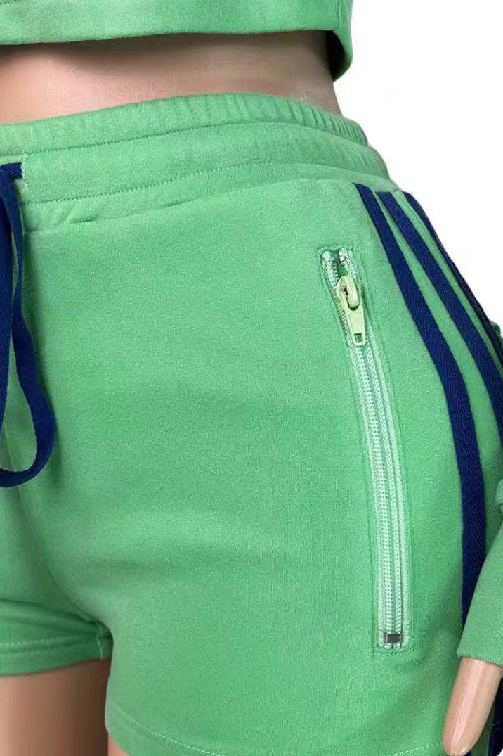 Sporty Striped Zip-Up Shorts Set