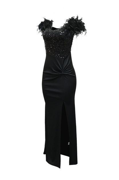 Sequin Feather Trim Slit Maxi Dress