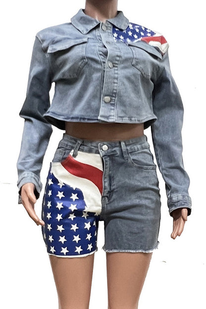 Casual Denim Set with Flag Print for Women