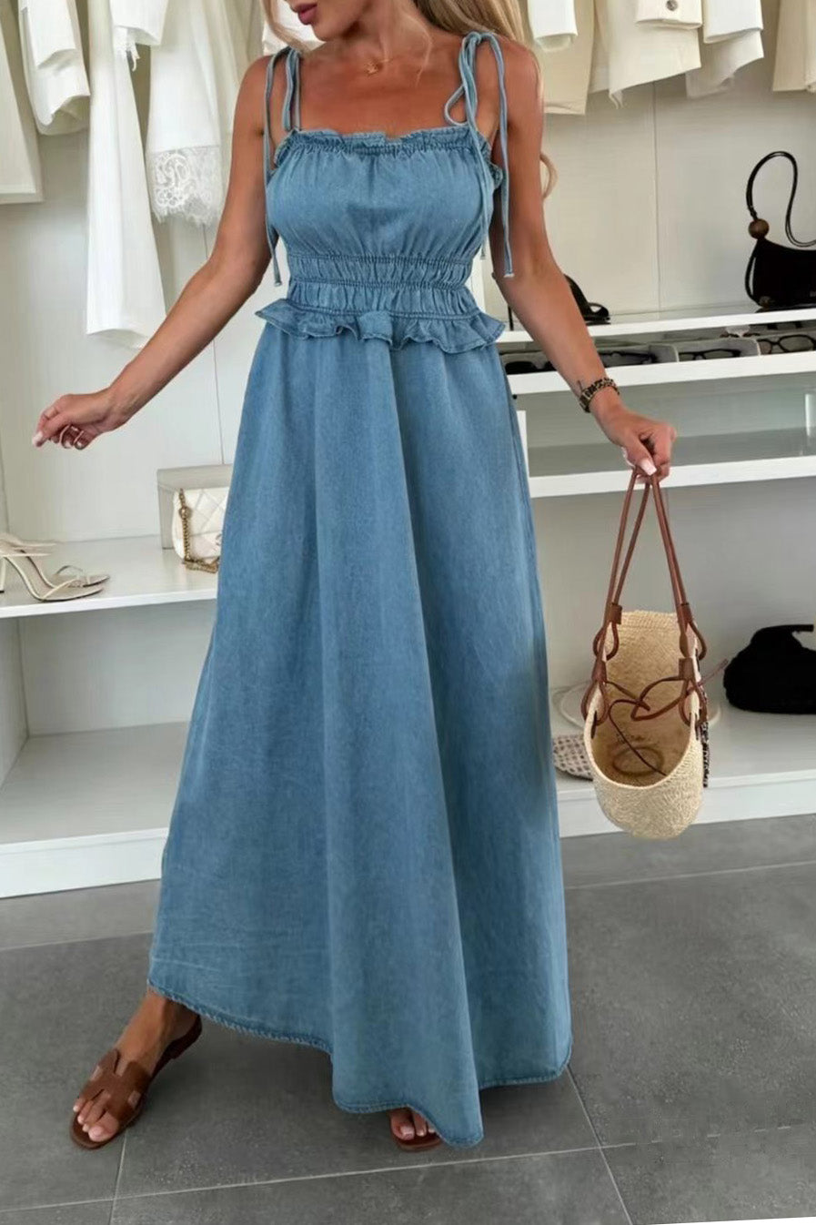 Tie-Strap Smocked Waist Denim Maxi Dress