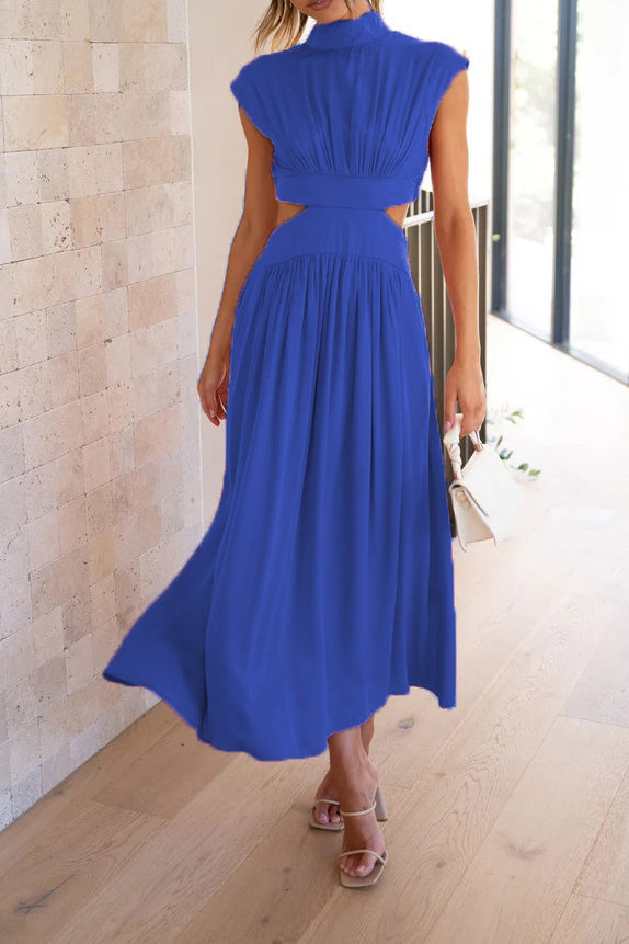 Mock Neck Cut Out Pleated Maxi Dress