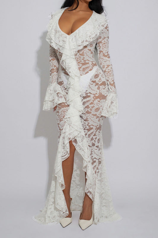 Sheer Lace Ruffled Slit Maxi Dress