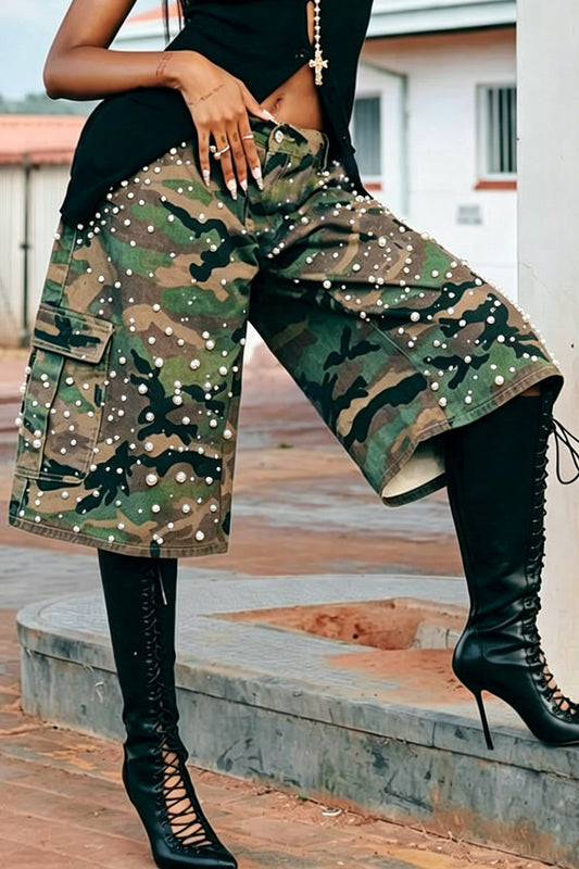 Pearl Embellished Baggy Cargo Shorts