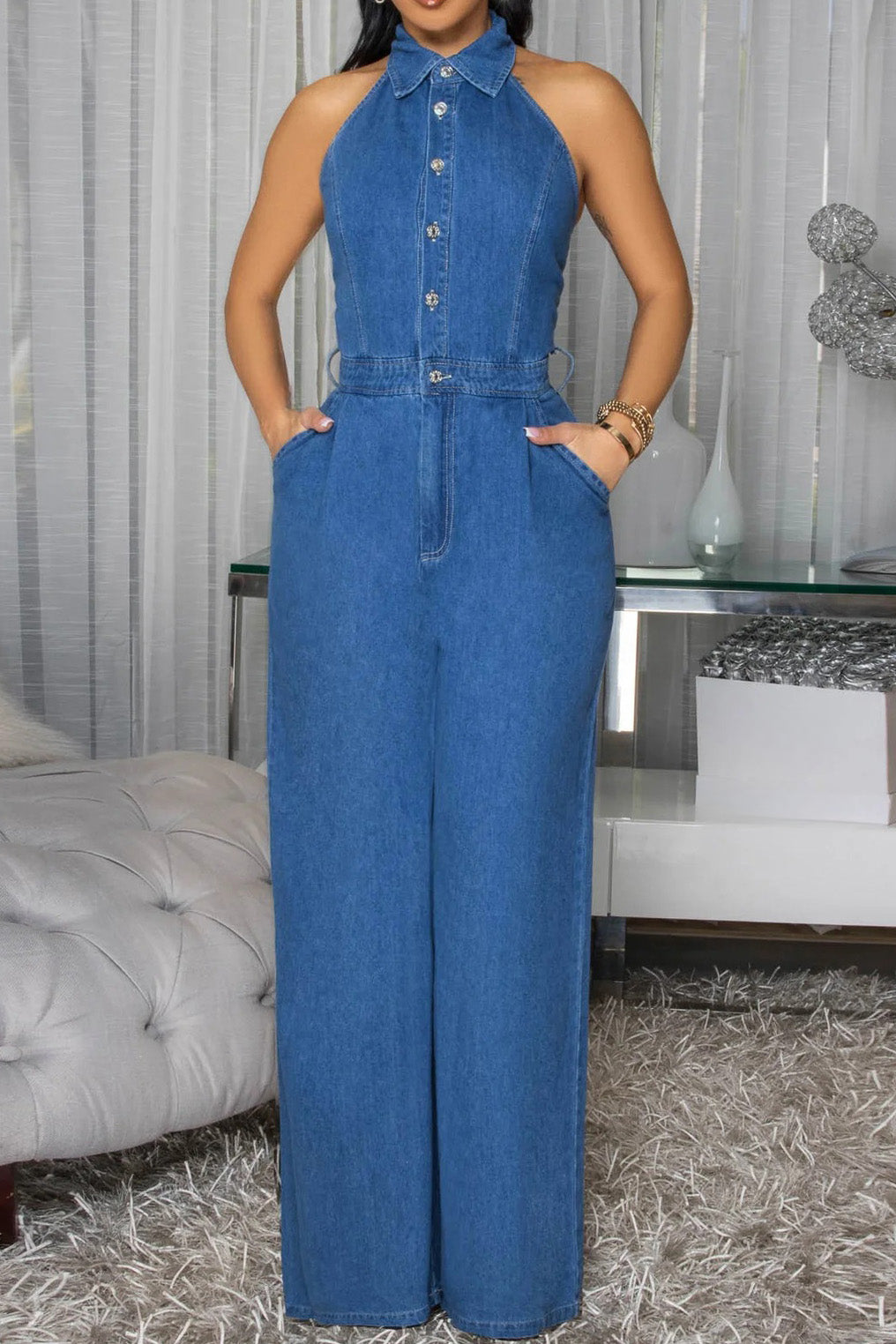 Halter Backless Jumpsuit Wide Leg Stretch