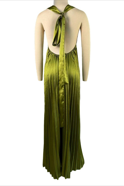Pleated Halter Plunge Maxi Dress