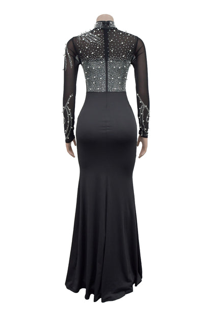 Rhinestone Mesh High Slit Maxi Dress