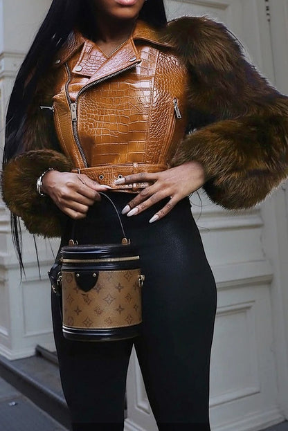 Faux Fur Trim Faux Leather Jacket