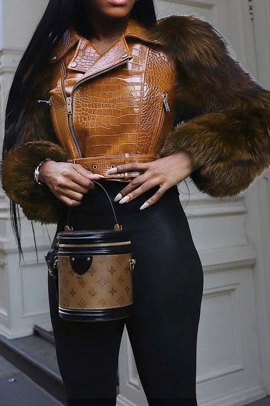 Faux Fur Trim Faux Leather Jacket