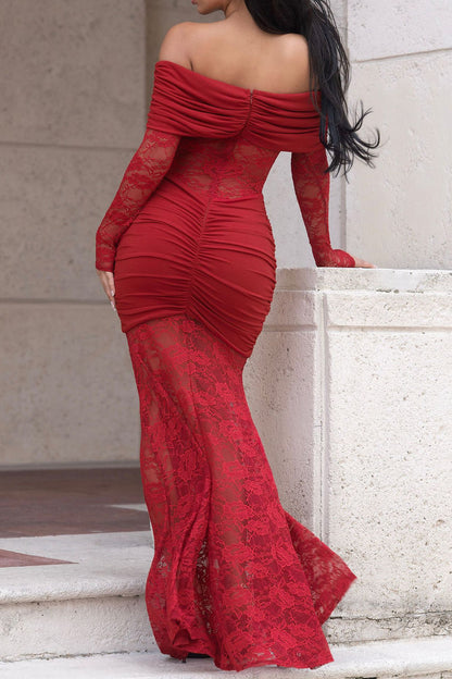 Off-Shoulder Ruched Lace Maxi Dress