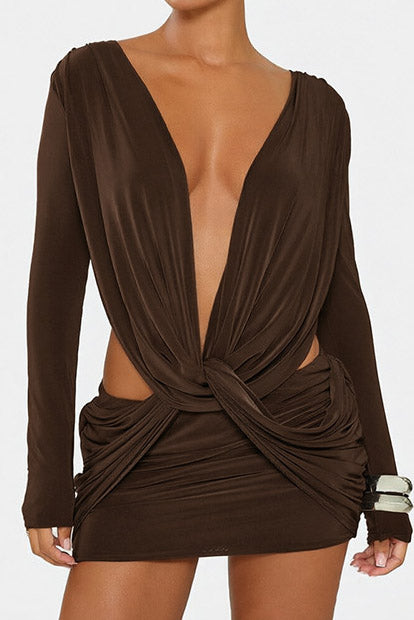 Twist-Front Cutout Long-Sleeve Mini Dress