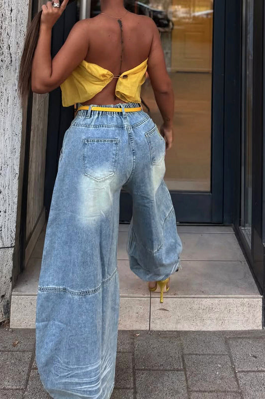 High-Waisted Distressed Wide-Leg Jean