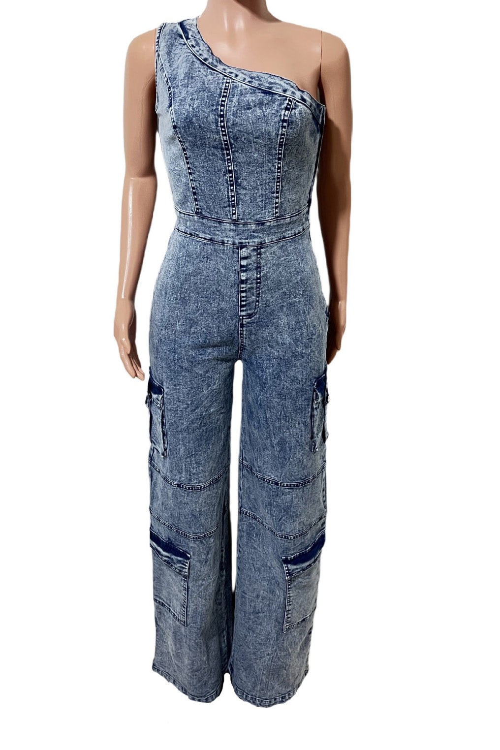 One Shoulder Stretch Denim Jumpsuit