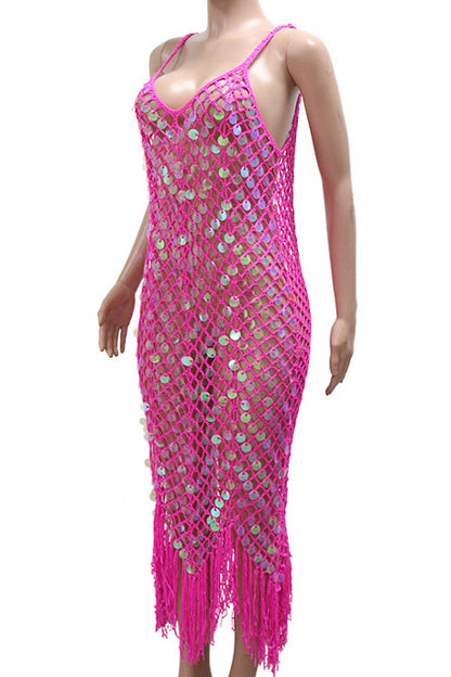 Disco V-Neck Fringe Hem Slip Dress
