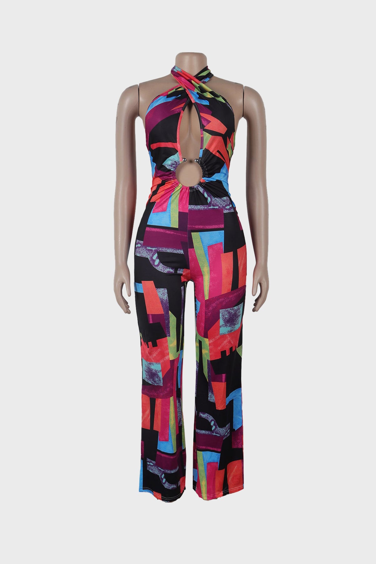 Printed Halter Hollow Out Jumpsuit