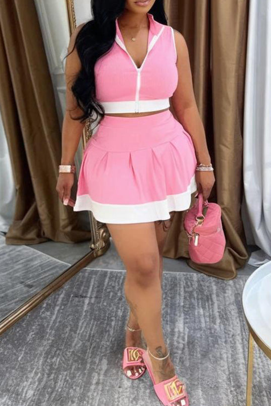 Colorblock Sleeveless Zip Top and Skirt Outfit