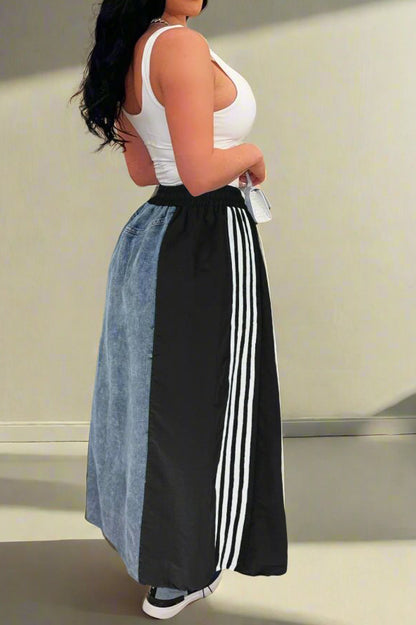 Wide Denim Skirts with Wide Contrast Side Lines
