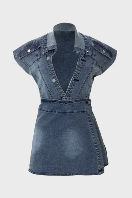 Turndown Collar High Split Denim Skirt Set