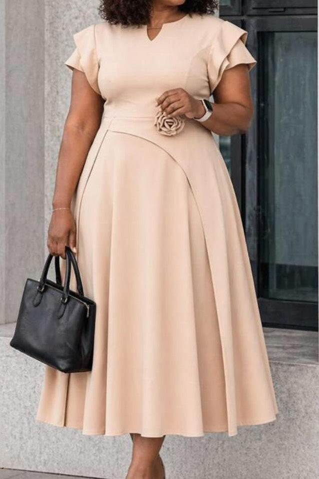 3D Floral Notched Neck A-Line Midi Dress