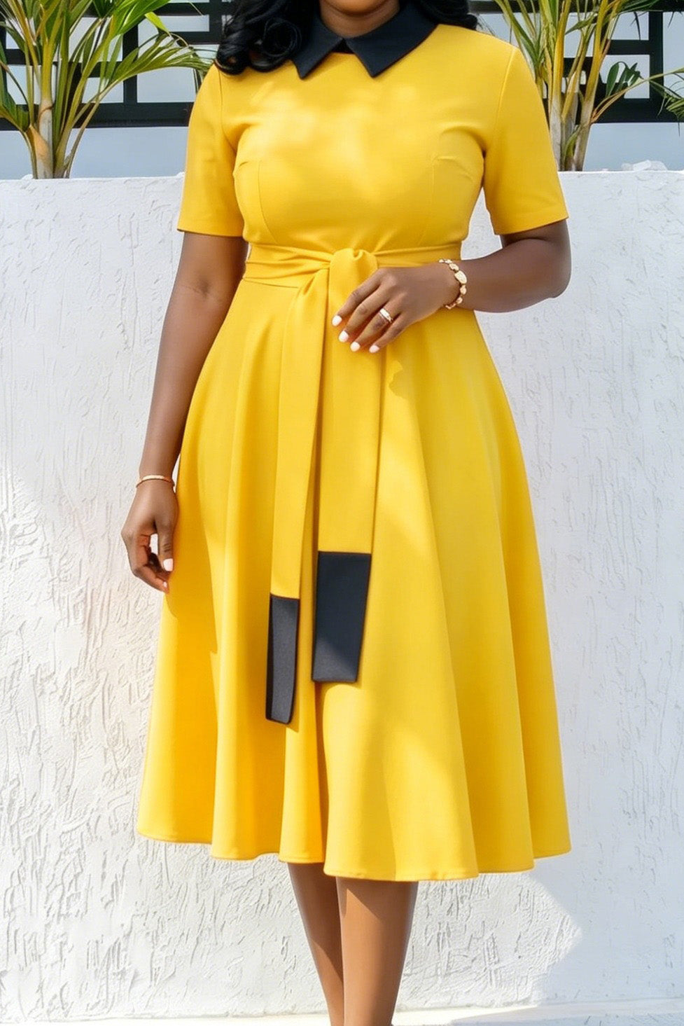 Contrast Collar Tie-Waist A-Line Midi Dress