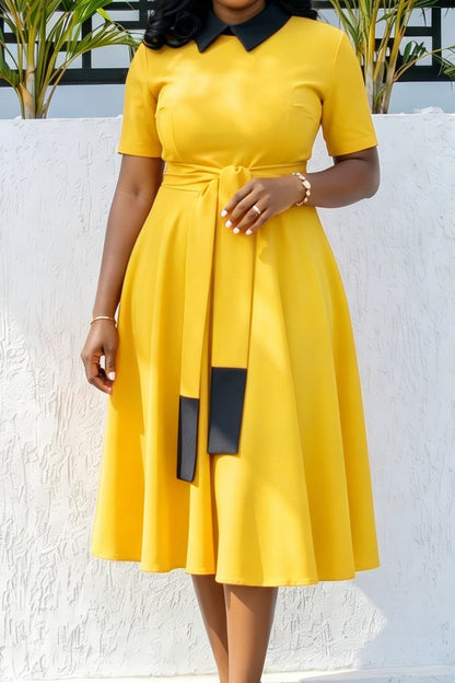 Contrast Collar Tie-Waist A-Line Midi Dress
